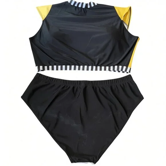 Plus 4XL Sport Luxe Colorblock High Neck Bikini Set Swimwear - Picture 4 of 7